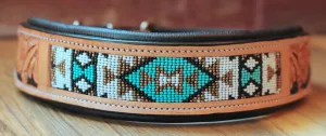 Handcrafted Padded Leather Tooled Dog Collar with White, Teal and Gold Beading