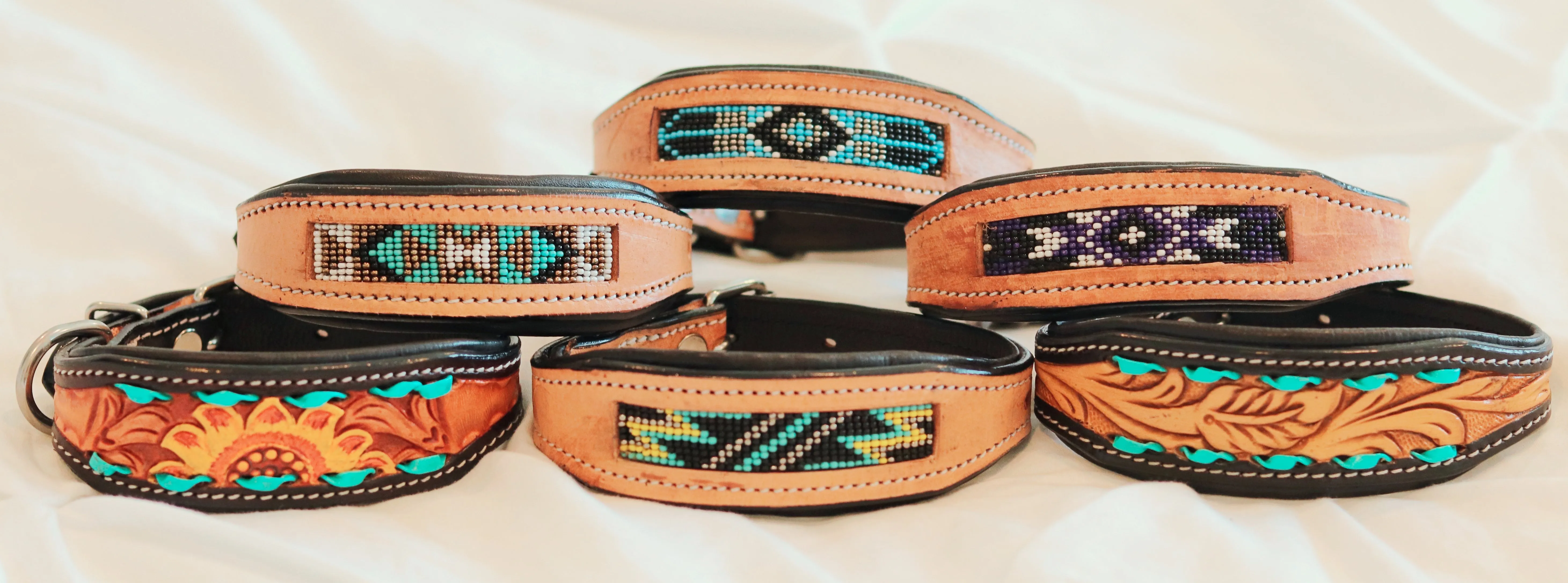 Handcrafted Padded Leather Tooled Dog Collar with White, Teal and Gold Beading