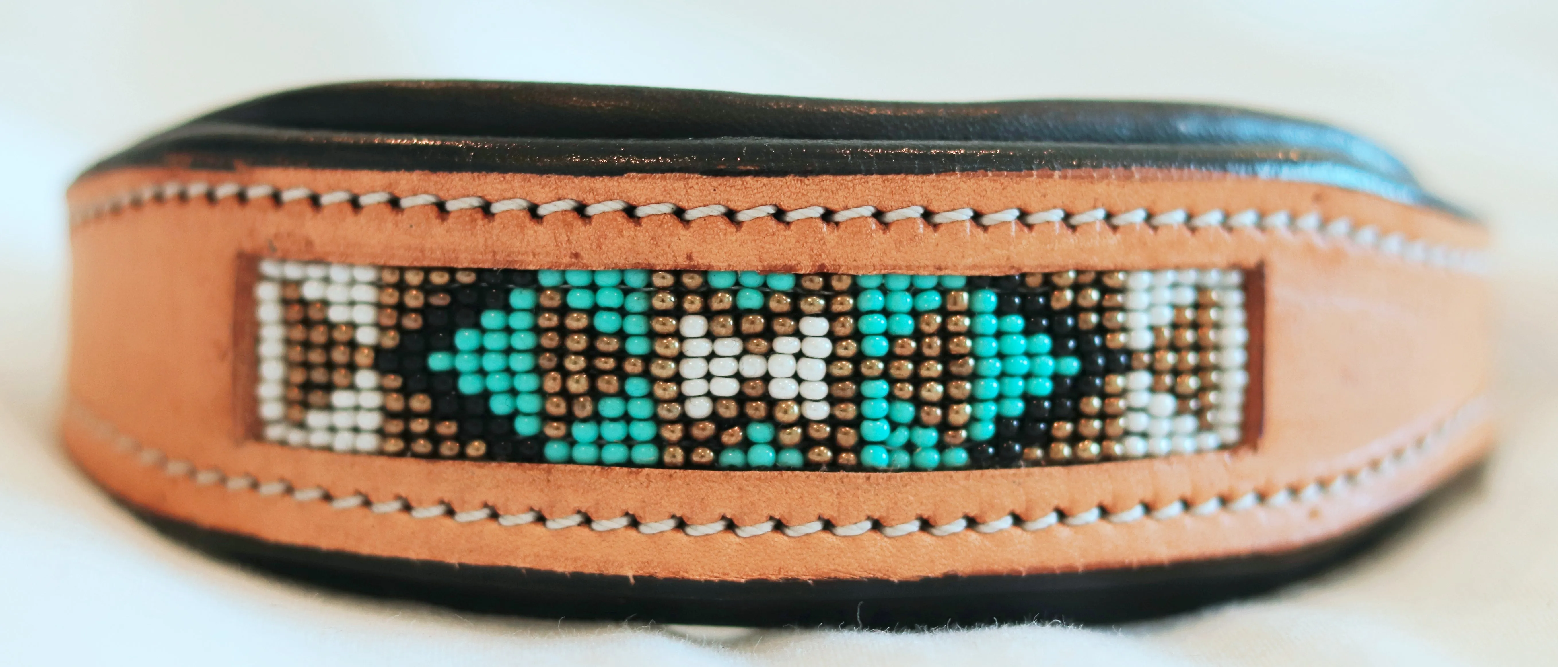 Handcrafted Padded Leather Tooled Dog Collar with White, Teal and Gold Beading