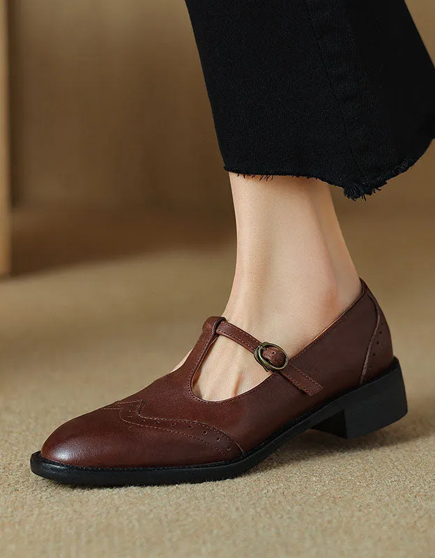 Handmade Brogue Style T-strap Oxford Shoes