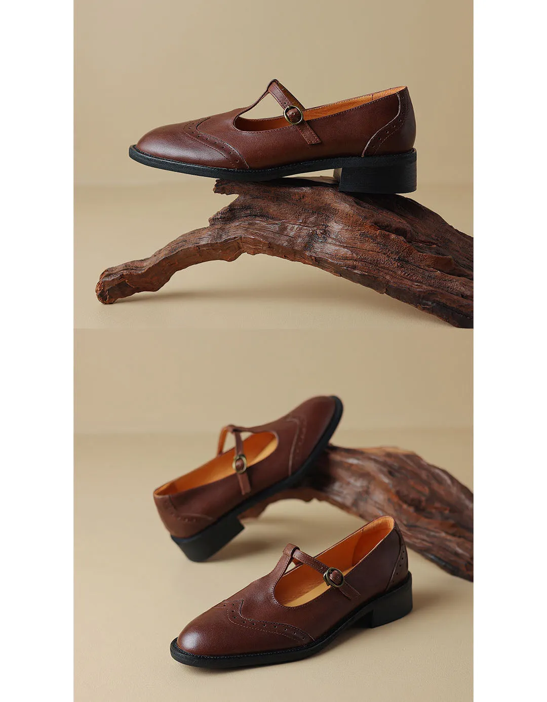 Handmade Brogue Style T-strap Oxford Shoes