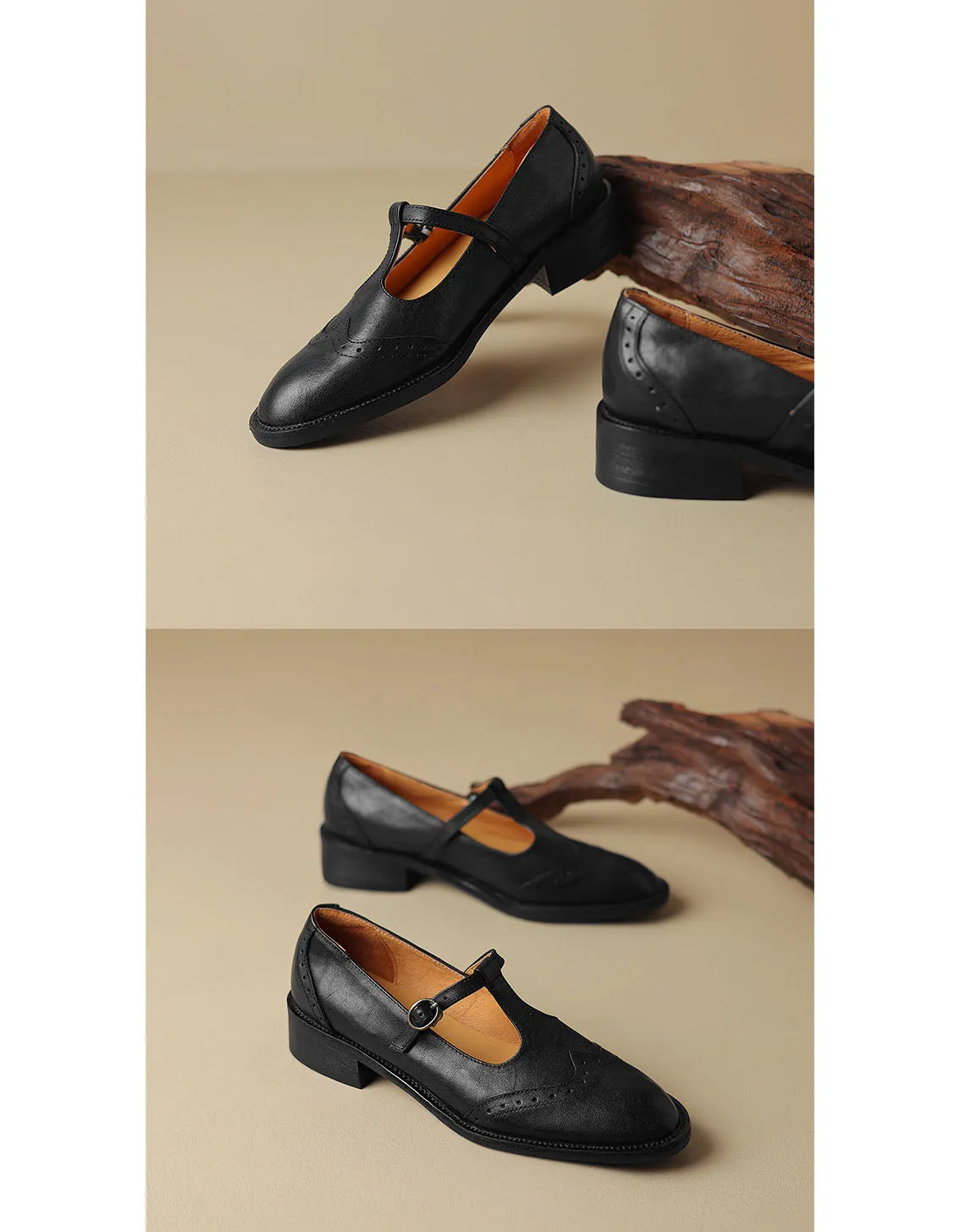 Handmade Brogue Style T-strap Oxford Shoes