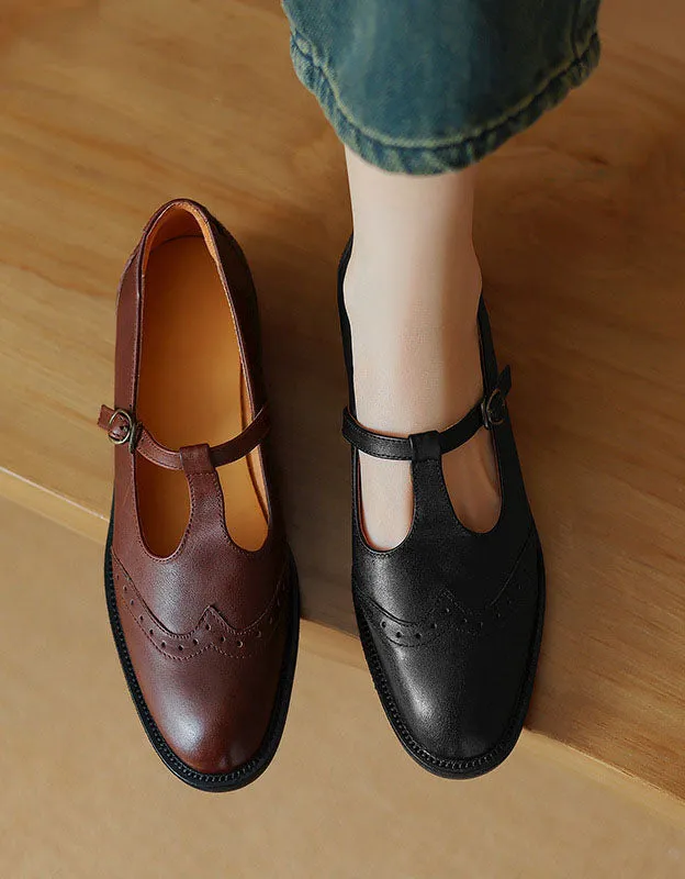 Handmade Brogue Style T-strap Oxford Shoes