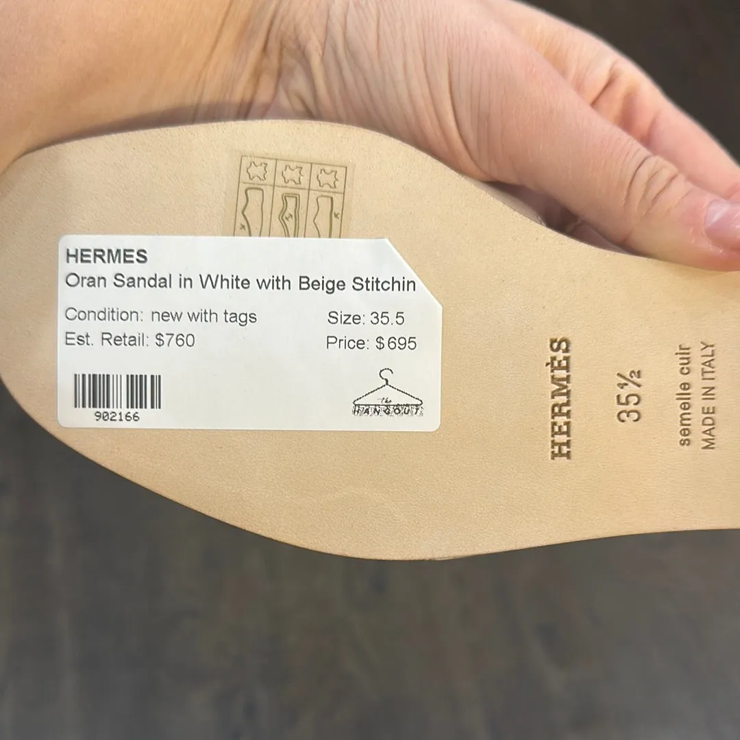 Hermes Oran Sandal in White with Beige Stitching