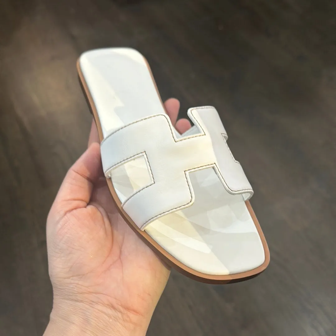 Hermes Oran Sandal in White with Beige Stitching