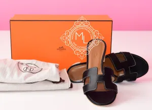 Hermes Womens Noir Black Oasis Sandal Slipper 35.5 Shoes