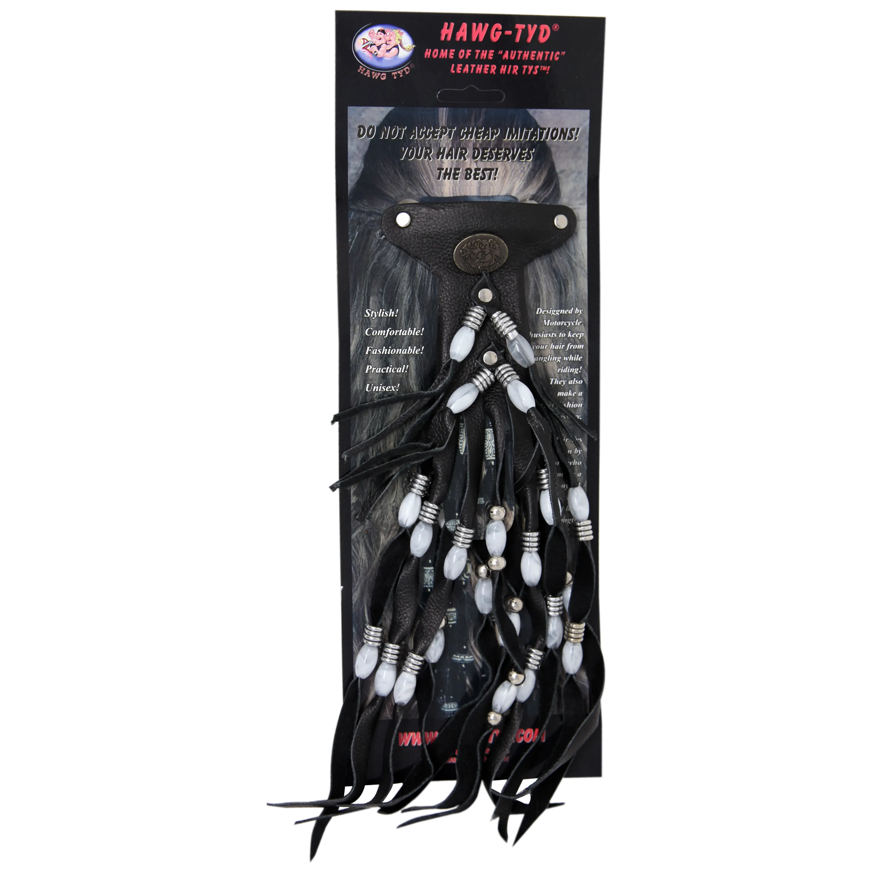 HTWhiteMarble "Hawg Tyd" The Authentic Leather Hair TYS - WhiteMarble Beads