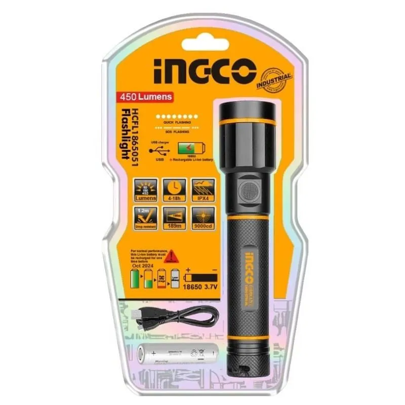 Ingco Waterproof Rechargeable LED Flashlight 450 Lumens with 5 Light Modes – HCFL1865051