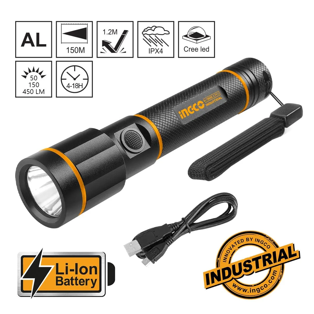 Ingco Waterproof Rechargeable LED Flashlight 450 Lumens with 5 Light Modes – HCFL1865051