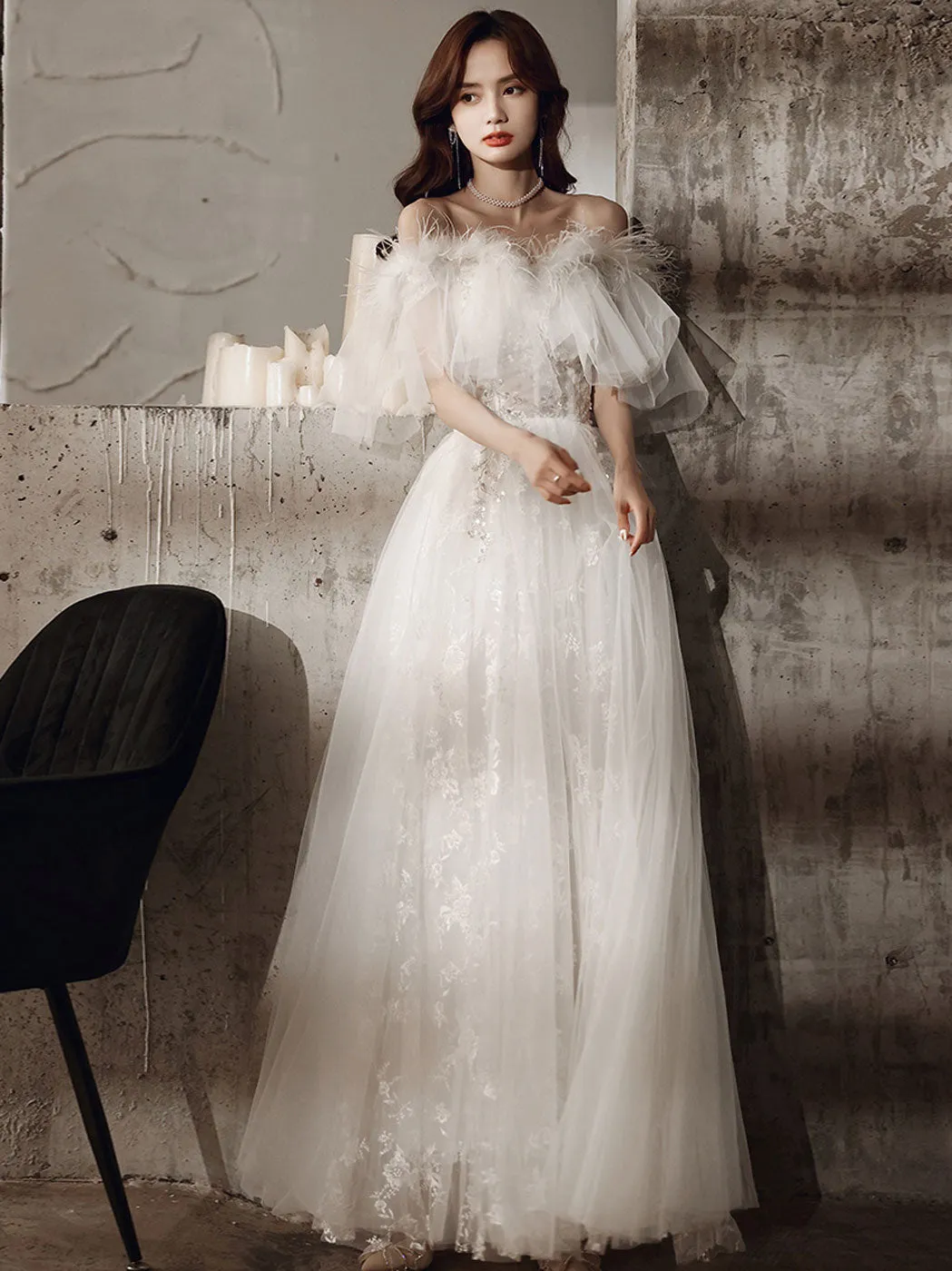ivory sweetheart neck tulle lace long prom dress, tulle formal party dress