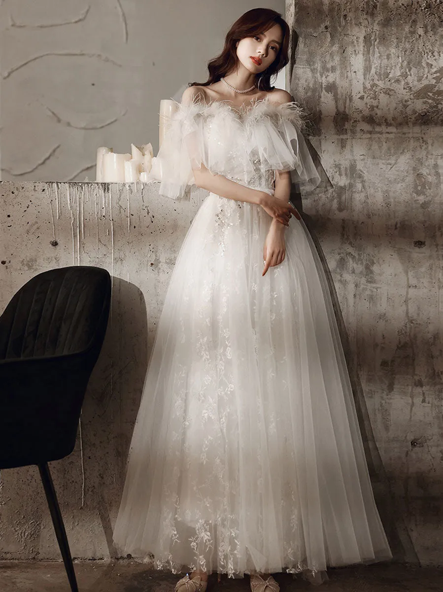 ivory sweetheart neck tulle lace long prom dress, tulle formal party dress