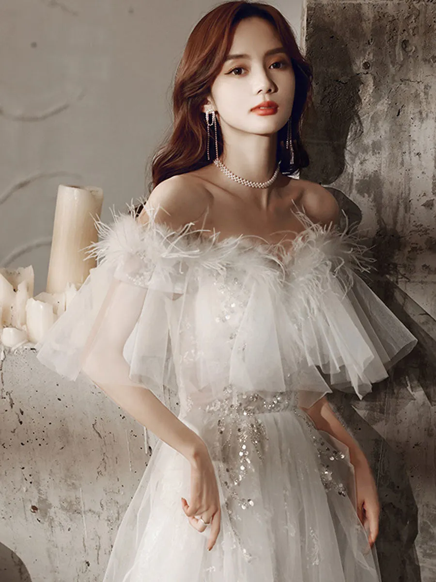 ivory sweetheart neck tulle lace long prom dress, tulle formal party dress