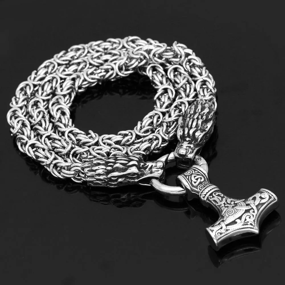 King Chain With Dragon Heads & Mjolnir Pendant