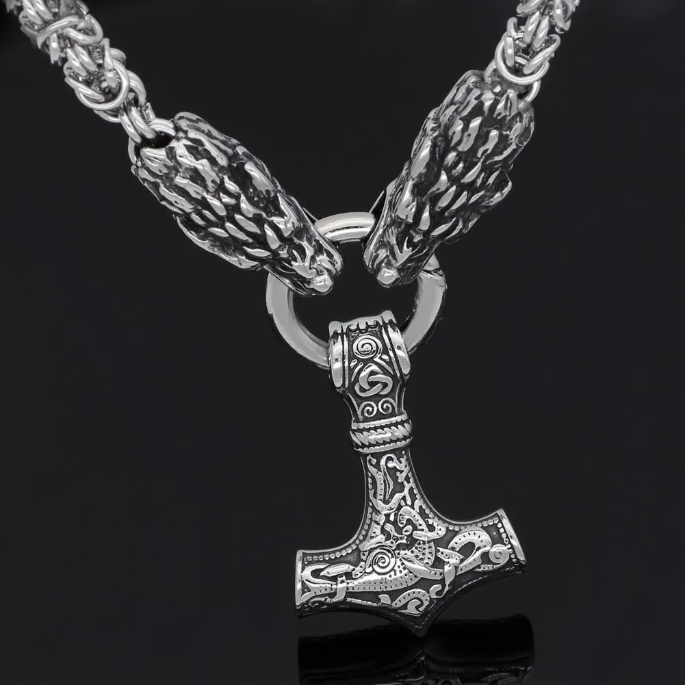 King Chain With Dragon Heads & Mjolnir Pendant