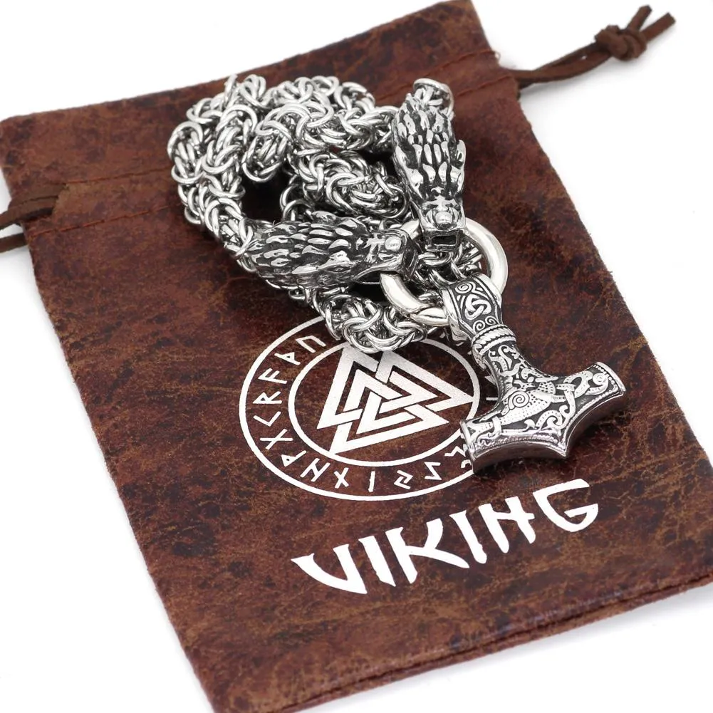 King Chain With Dragon Heads & Mjolnir Pendant