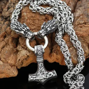 King Chain With Dragon Heads & Mjolnir Pendant