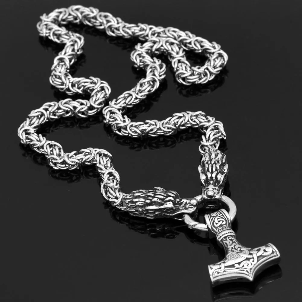 King Chain With Dragon Heads & Mjolnir Pendant