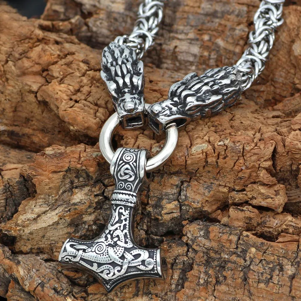King Chain With Dragon Heads & Mjolnir Pendant