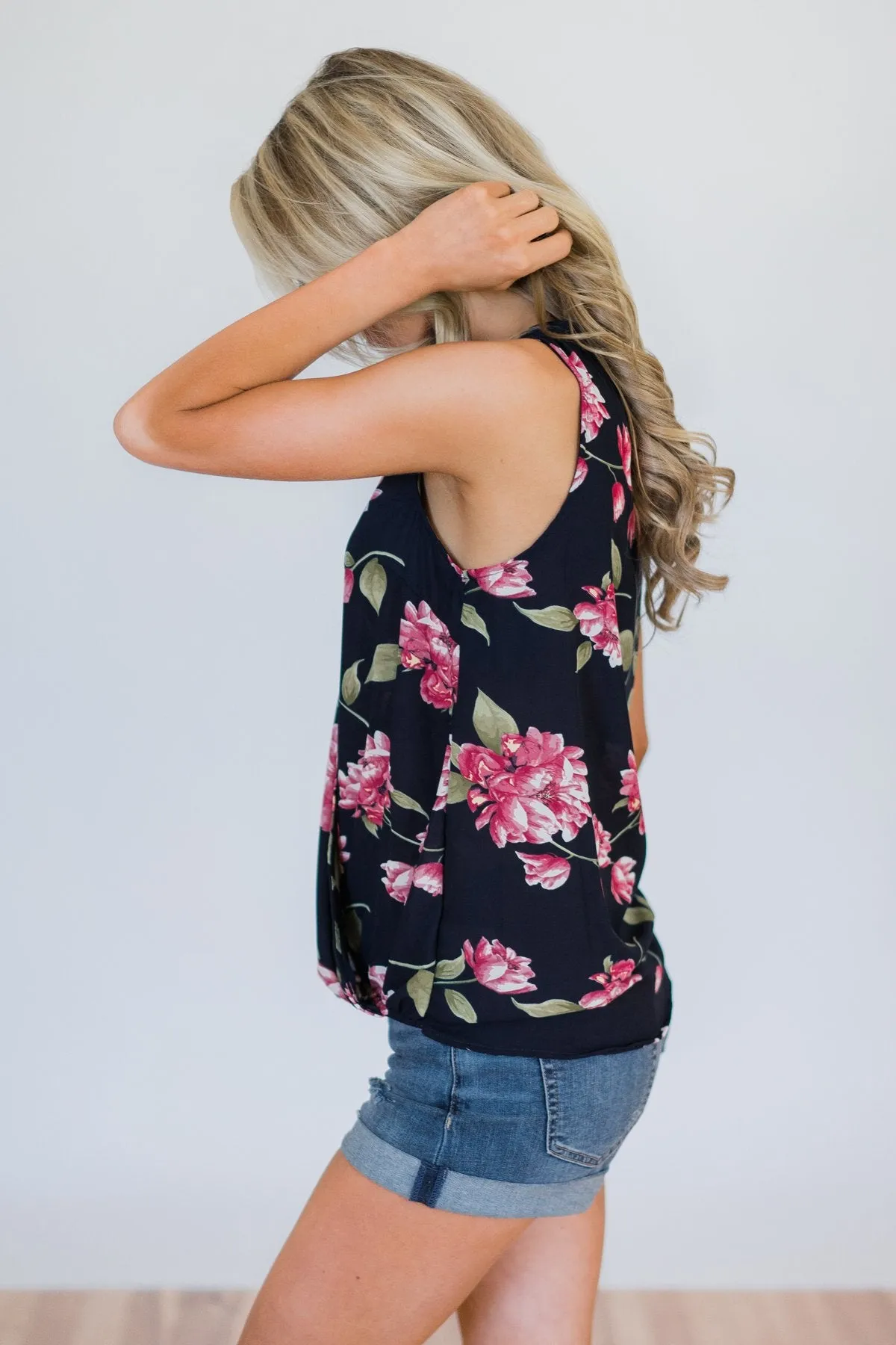 Knowing Me Floral Criss Cross Tank Top- Navy