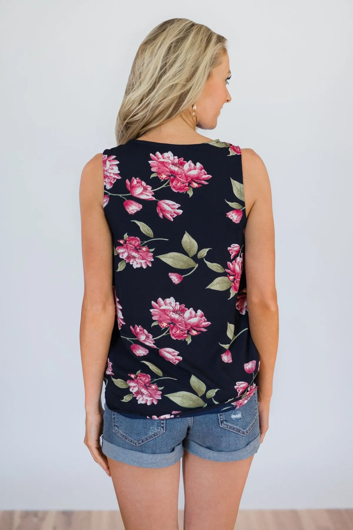Knowing Me Floral Criss Cross Tank Top- Navy