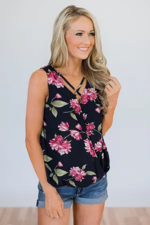 Knowing Me Floral Criss Cross Tank Top- Navy