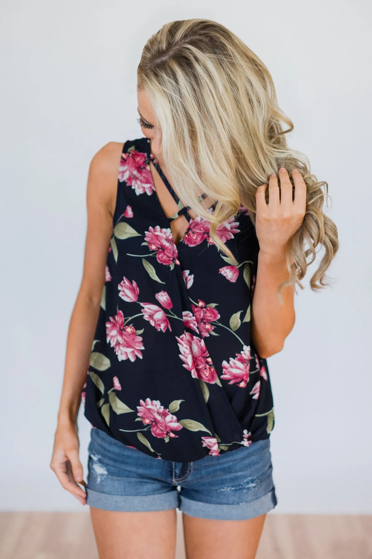 Knowing Me Floral Criss Cross Tank Top- Navy