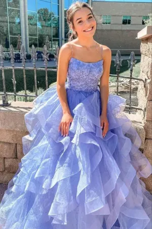 Lavender Puffy Tulle A Line Scoop Spaghetti Straps Long Prom Dresses APP0733