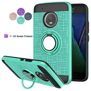 LDStars Compatible for Moto G5 Plus Phone Case,Moto X 2017 Case, [HD Screen Protector] TPU & PC Heavy Duty Shockproof Protective Cover with Rotatable Ring Stand-Mint Green