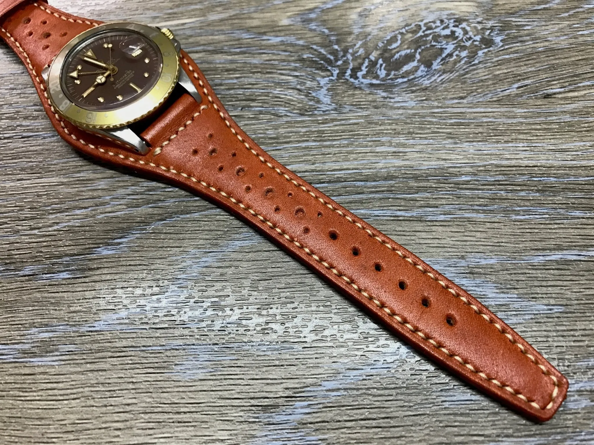 Leather bund strap for Rolex, Leather watch strap, Brogue Pattern Orange Leather Watch Strap, 20mm Watch band for Tudor, 19mm lug