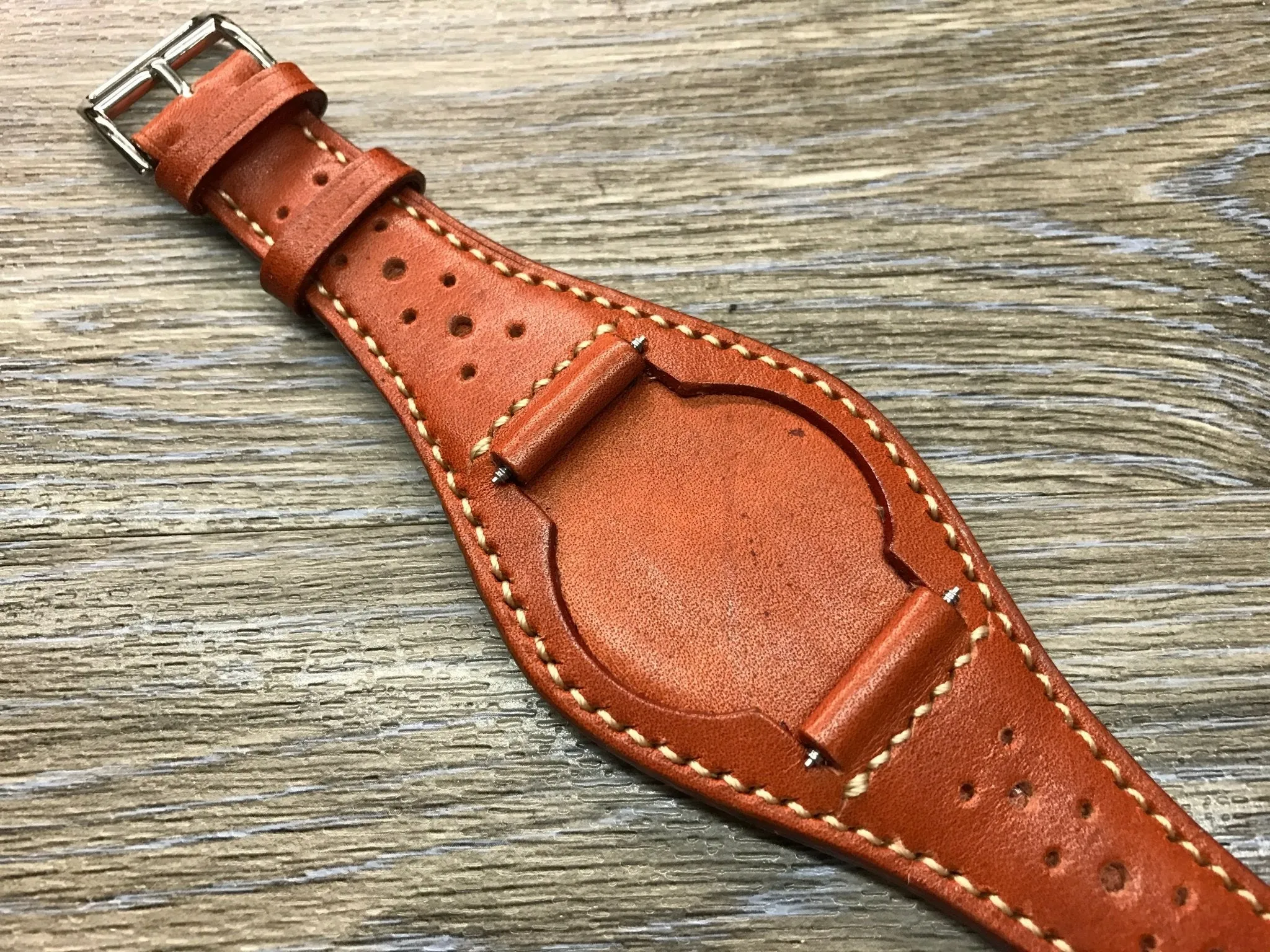 Leather bund strap for Rolex, Leather watch strap, Brogue Pattern Orange Leather Watch Strap, 20mm Watch band for Tudor, 19mm lug