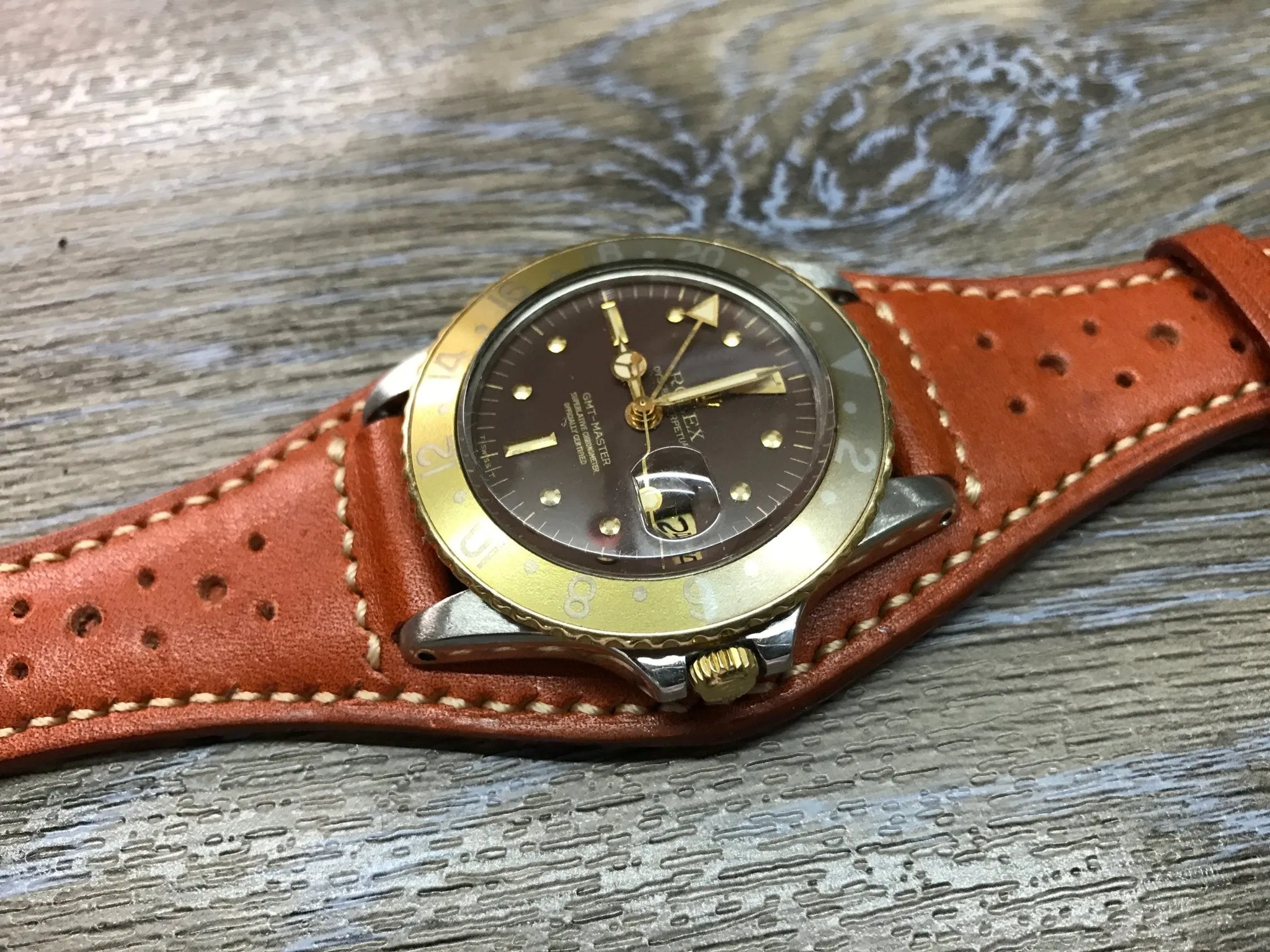 Leather bund strap for Rolex, Leather watch strap, Brogue Pattern Orange Leather Watch Strap, 20mm Watch band for Tudor, 19mm lug