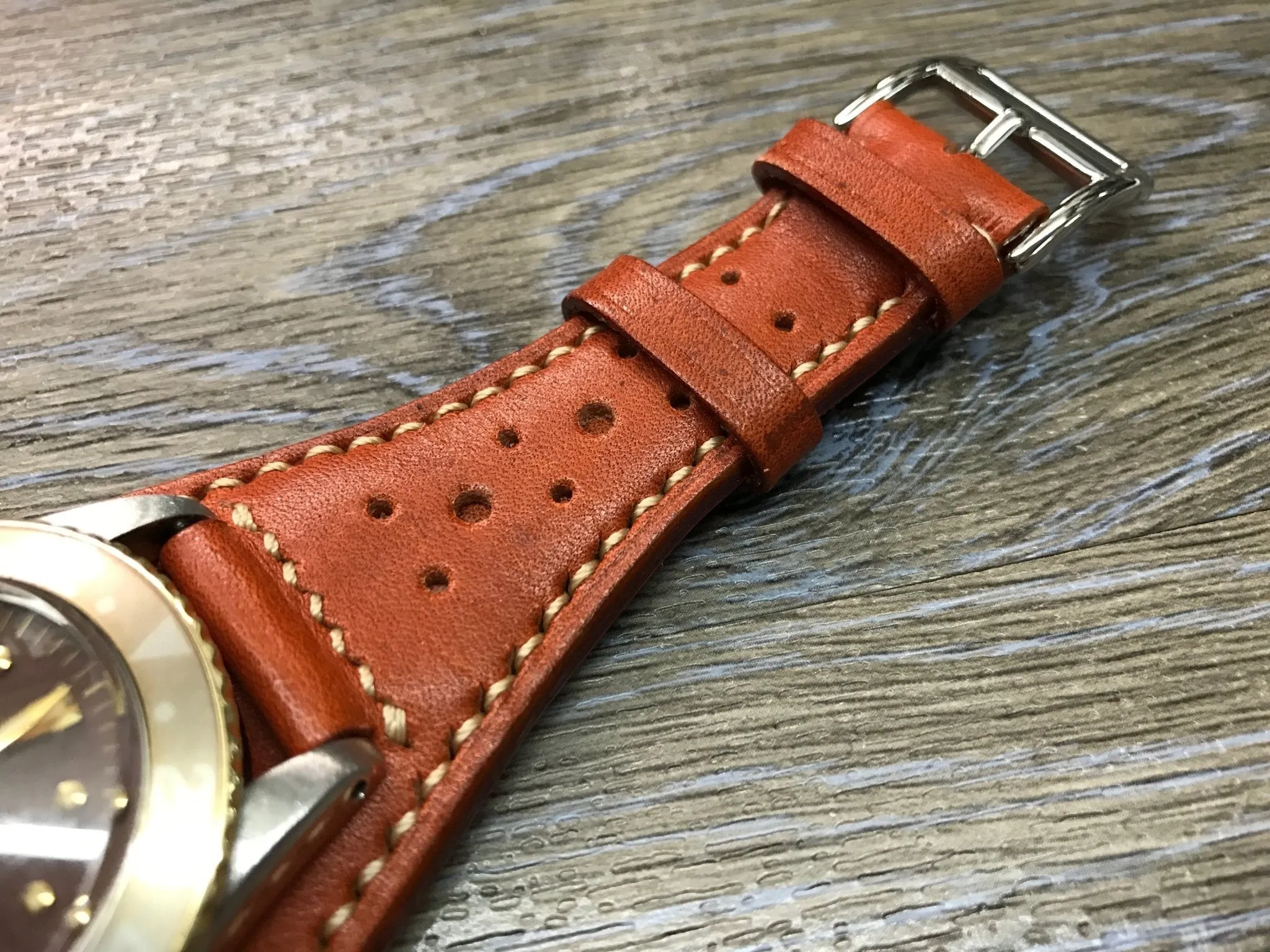 Leather bund strap for Rolex, Leather watch strap, Brogue Pattern Orange Leather Watch Strap, 20mm Watch band for Tudor, 19mm lug