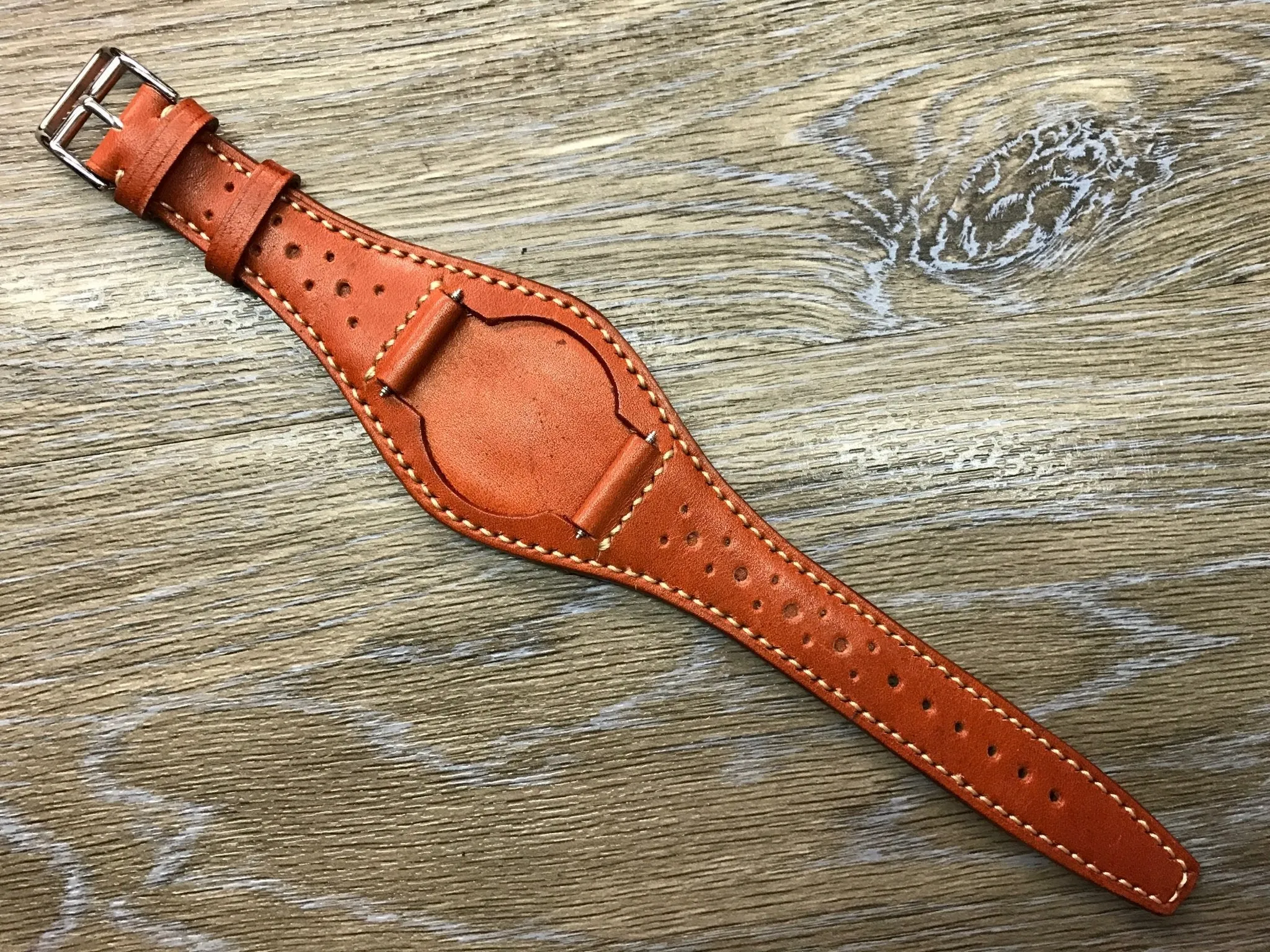Leather bund strap for Rolex, Leather watch strap, Brogue Pattern Orange Leather Watch Strap, 20mm Watch band for Tudor, 19mm lug