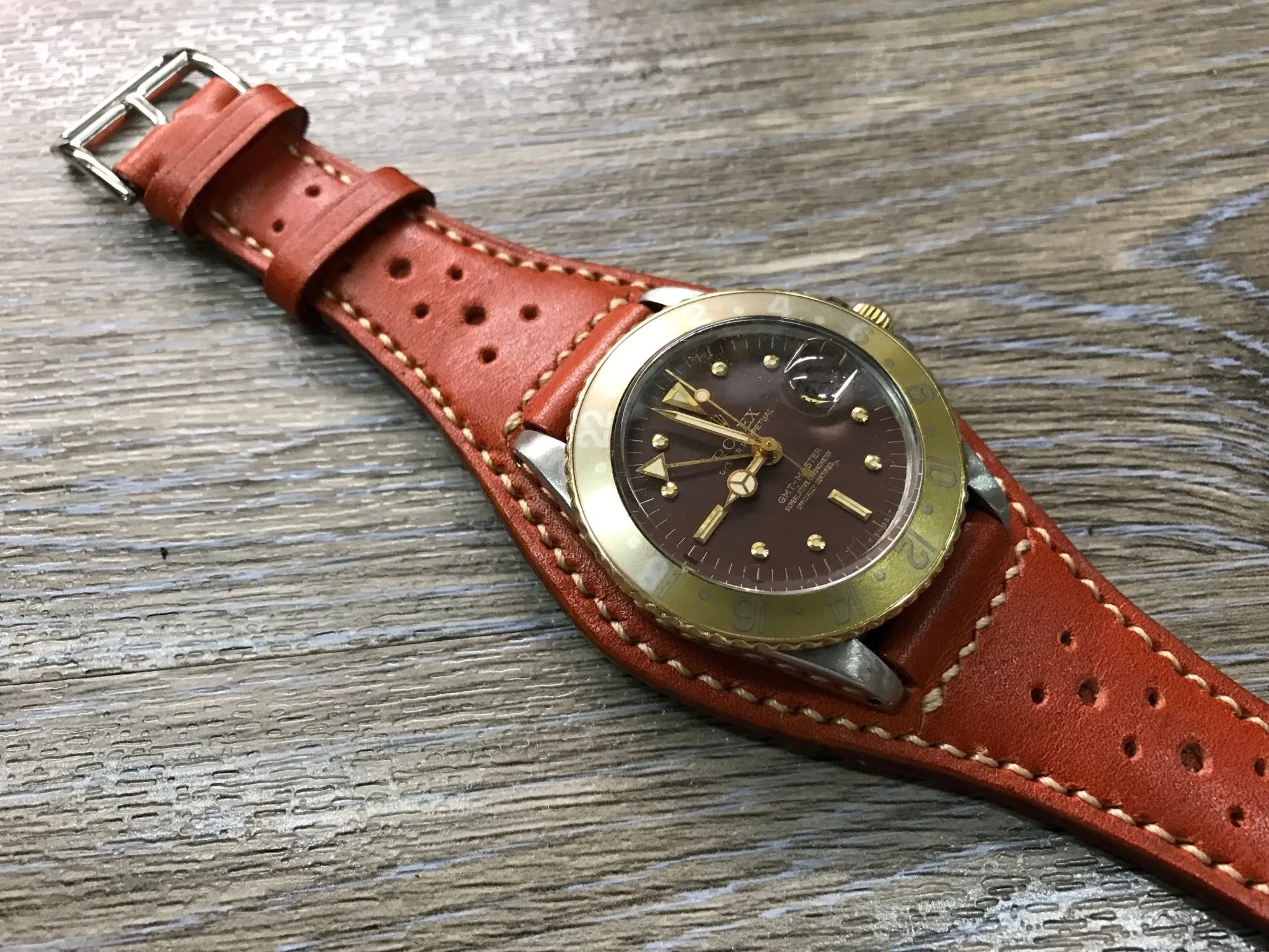 Leather bund strap for Rolex, Leather watch strap, Brogue Pattern Orange Leather Watch Strap, 20mm Watch band for Tudor, 19mm lug