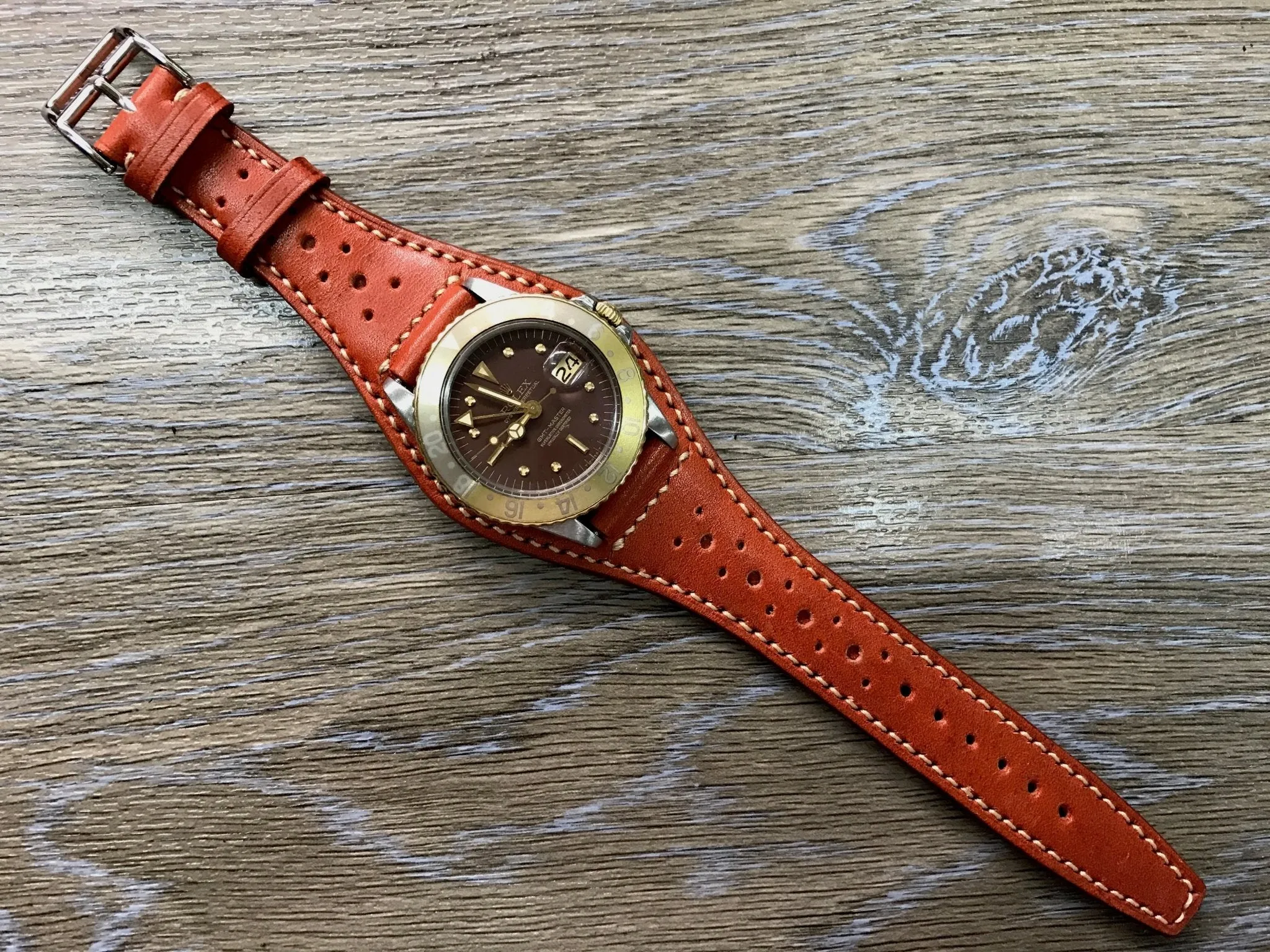 Leather bund strap for Rolex, Leather watch strap, Brogue Pattern Orange Leather Watch Strap, 20mm Watch band for Tudor, 19mm lug