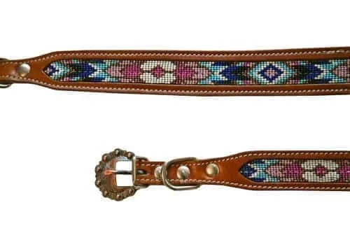 Leather dog collar features a medium leather with turquoise, pink and purple beaded inlay