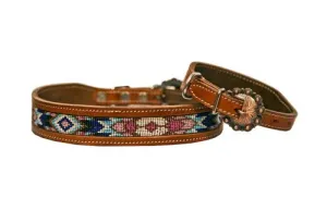 Leather dog collar features a medium leather with turquoise, pink and purple beaded inlay