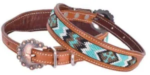 Leather Dog Collar With Cross Design Beaded Inlay