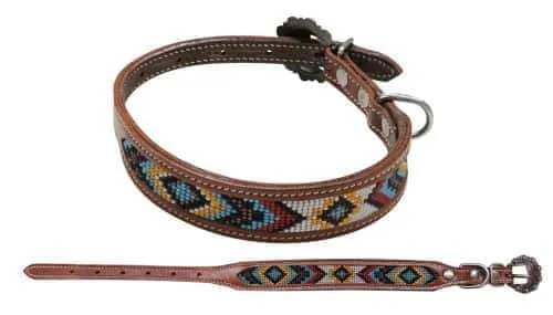 Leather Dog Collar With Red, Yellow, and blue Beaded Inlay
