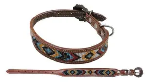 Leather Dog Collar With Red, Yellow, and blue Beaded Inlay