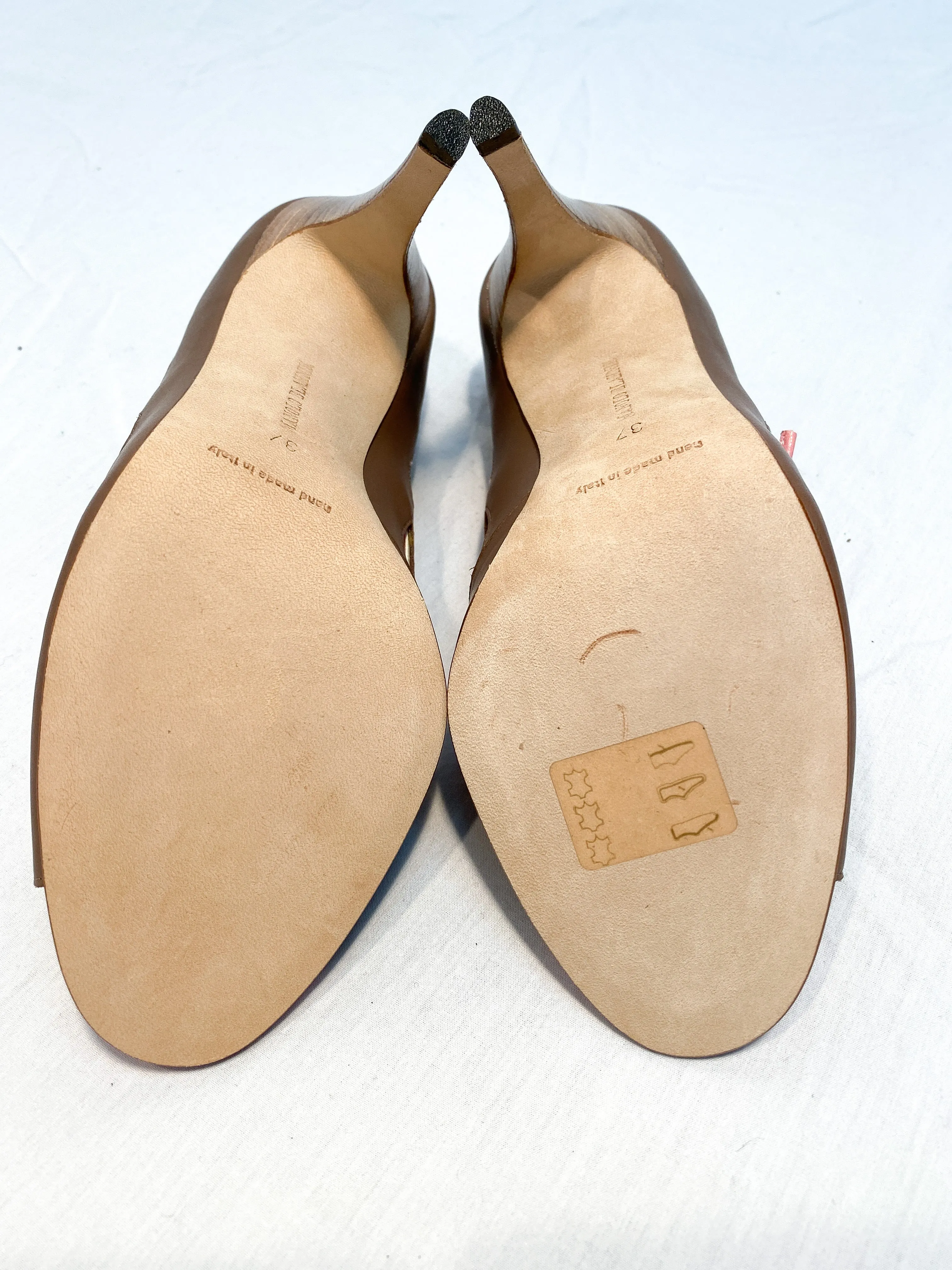 Manolo Blahnik Taupe Leather Cutout Peep Toe with Pink Leather Lace and Insole
