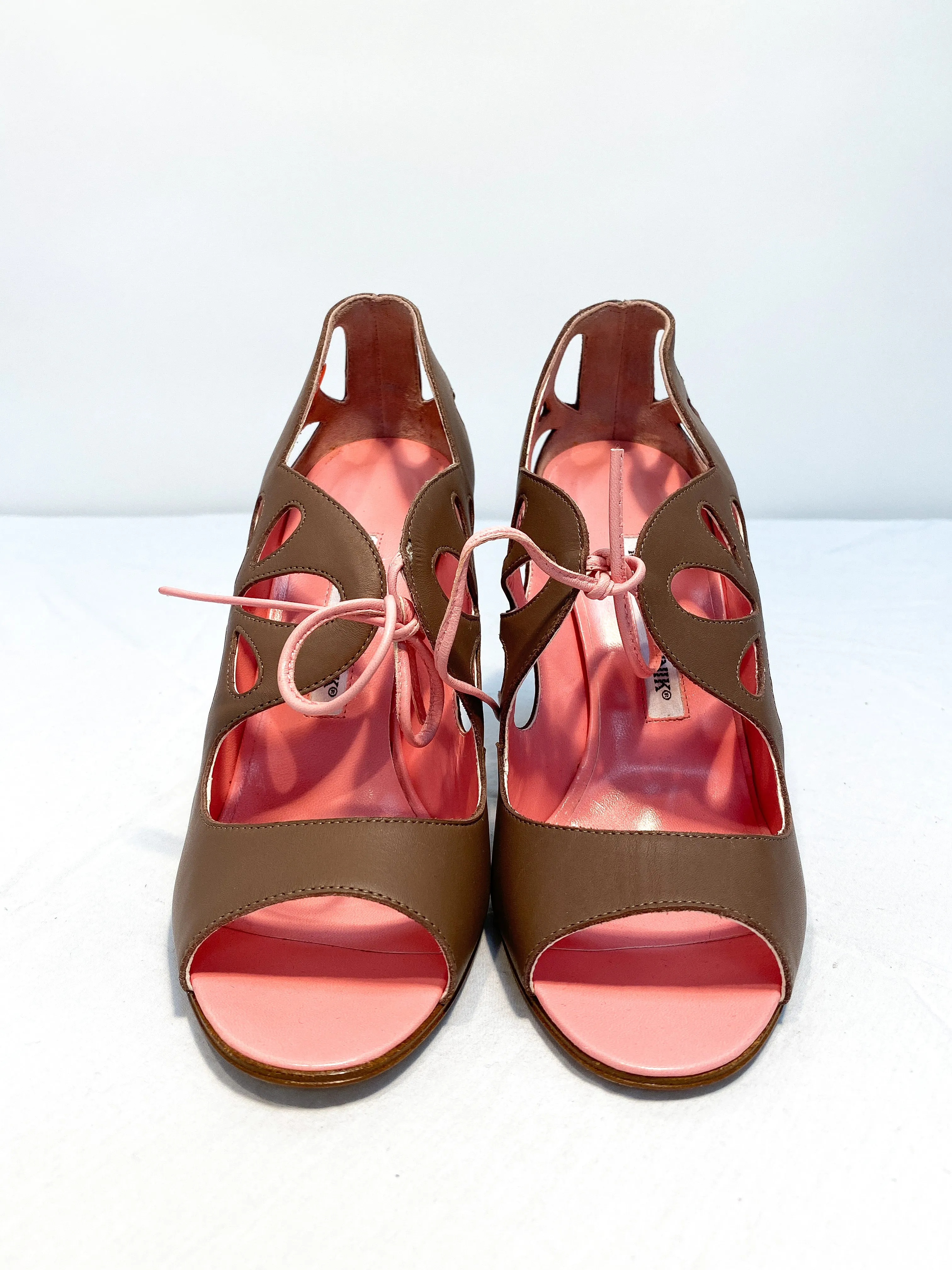 Manolo Blahnik Taupe Leather Cutout Peep Toe with Pink Leather Lace and Insole