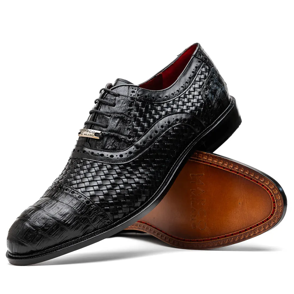 Marco Di Milano John Black Shoes Exotic Caiman Crocodile / Woven Leather Dress Oxfords