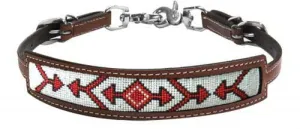 Medium leather wither strap with red beaded arrow design inlay