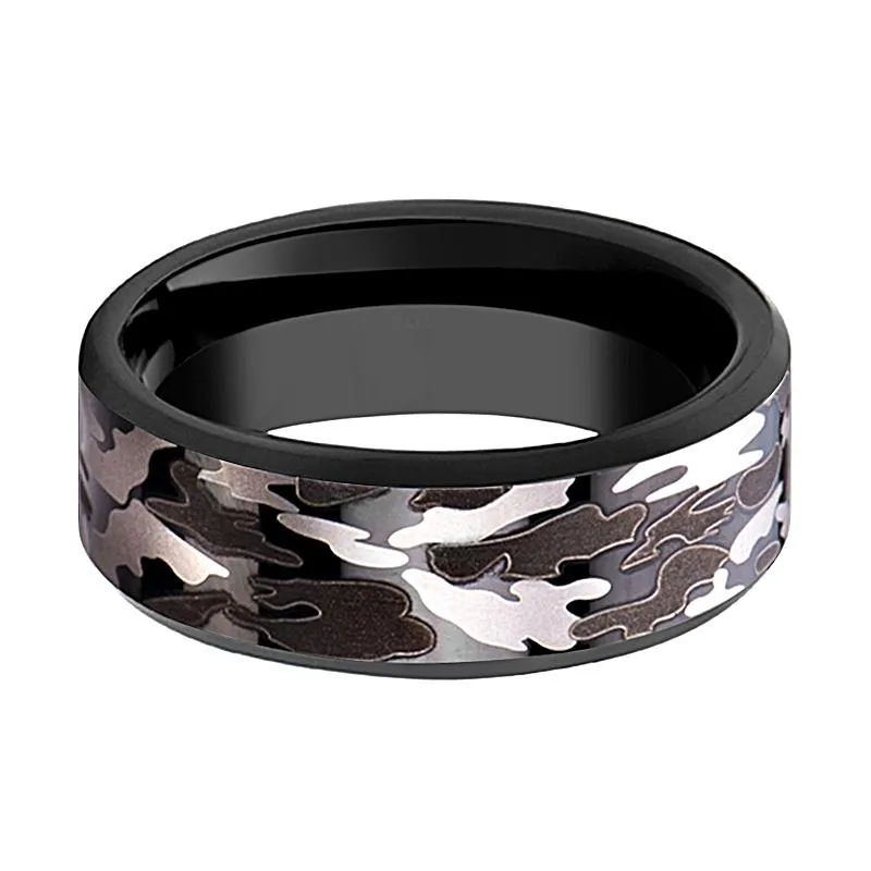 Men's Black Tungsten Wedding Band with Black & Gray Camo Inlay and Bevels - 8MM