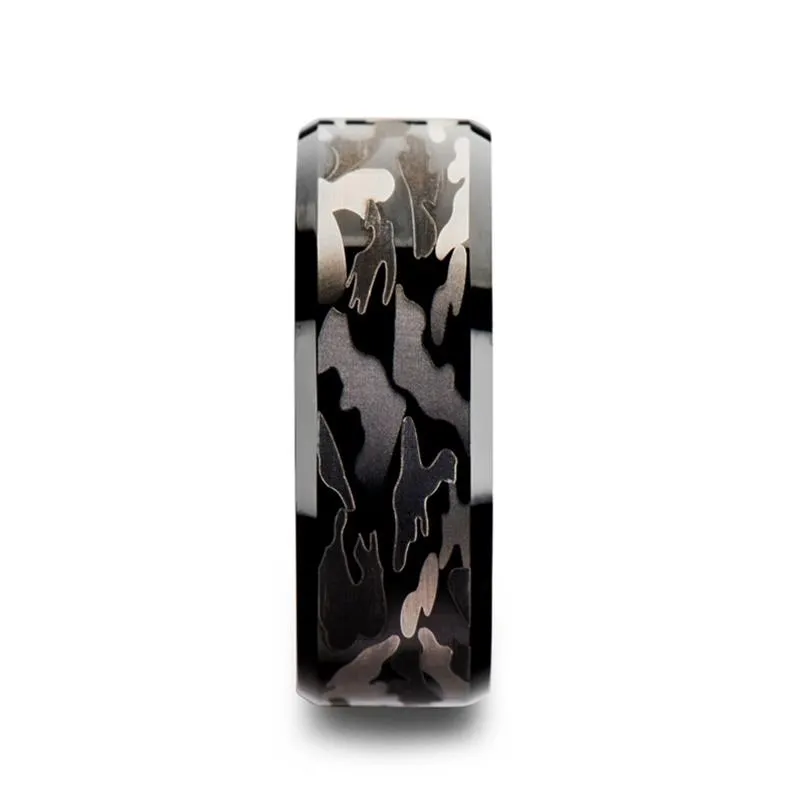 Men's Black Tungsten Wedding Band with Black & Gray Camo Inlay and Bevels - 8MM