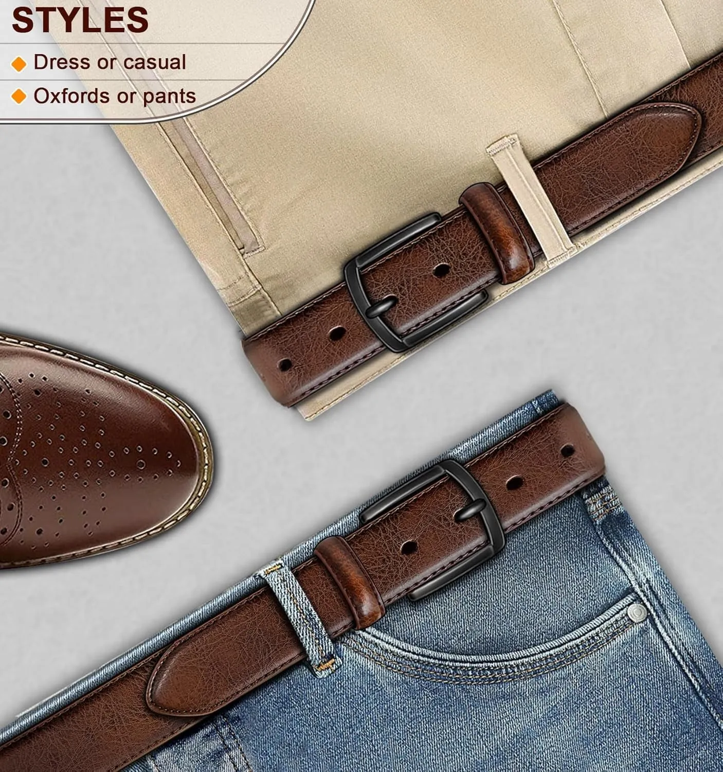 Mens Genuine Leather Belt for Dress and Casual Jeans