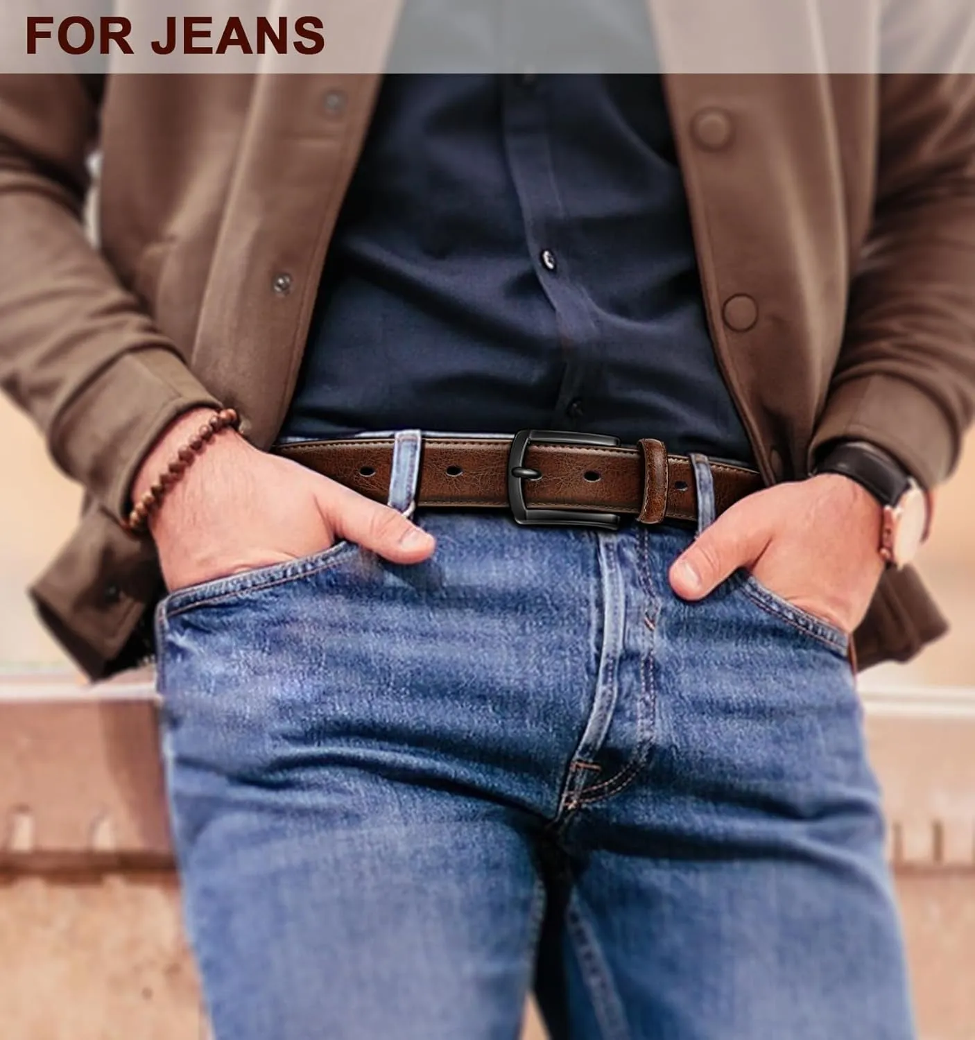 Mens Genuine Leather Belt for Dress and Casual Jeans