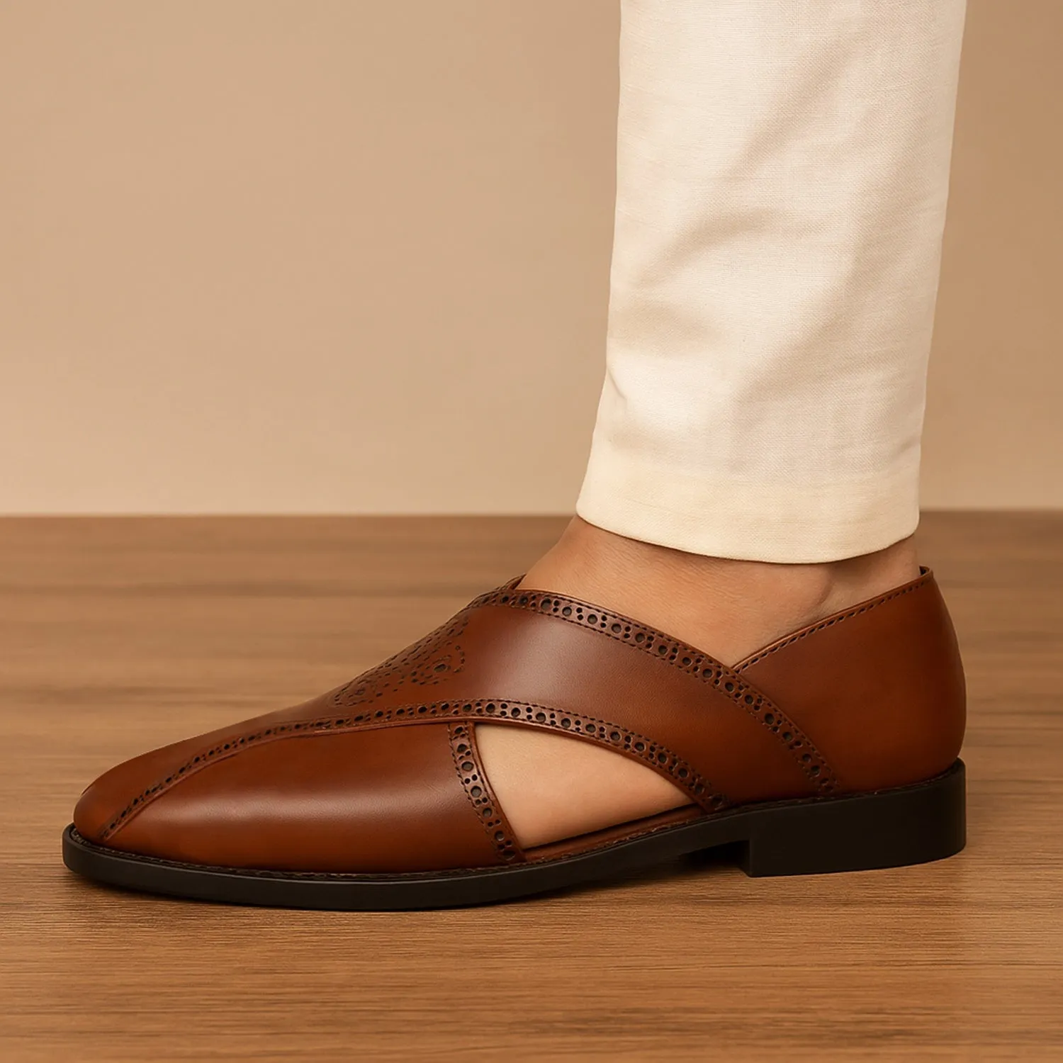Men's Peshawaris With Handcrafted Brogue Design Cognac Leather