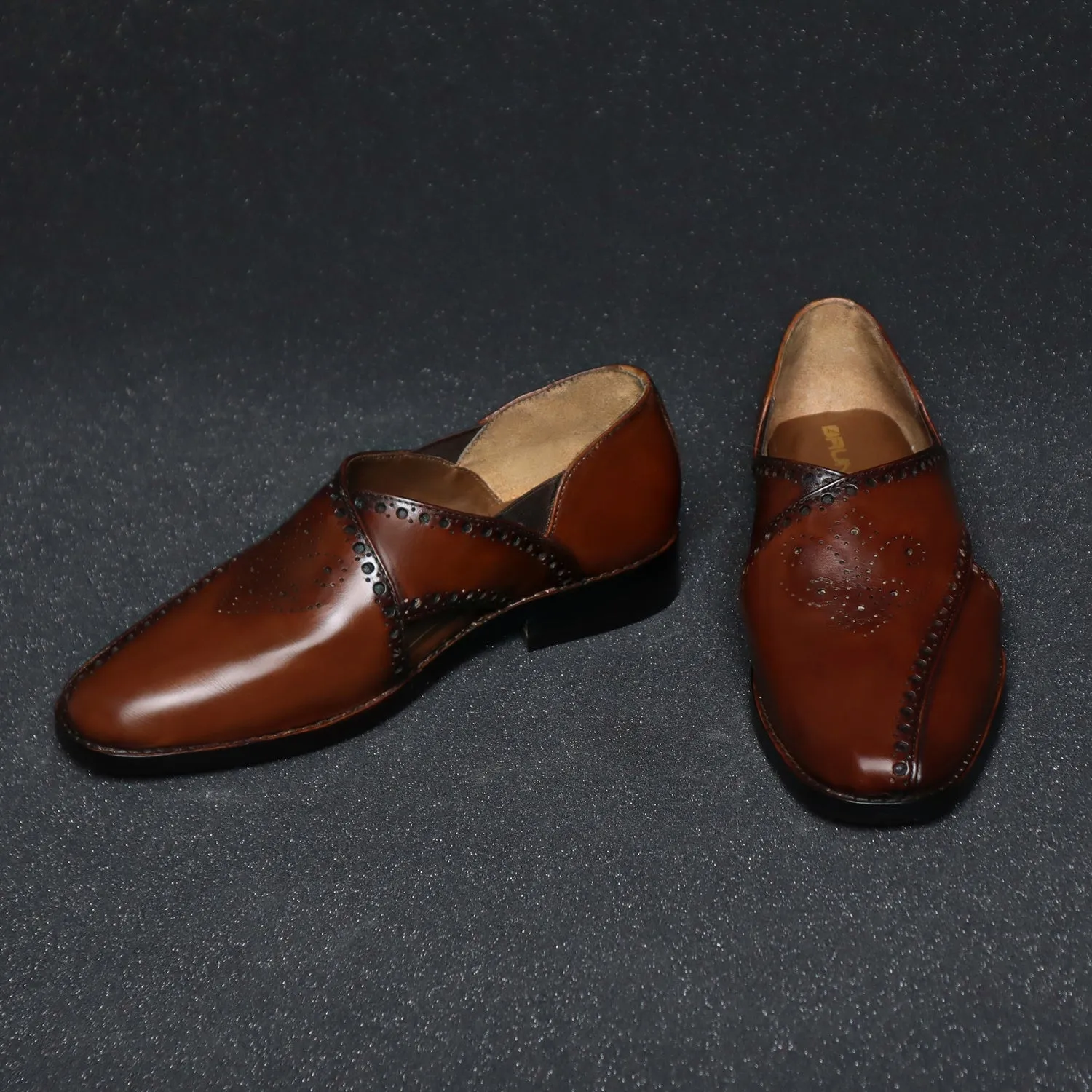 Men's Peshawaris With Handcrafted Brogue Design Cognac Leather
